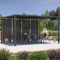Pergola bioclimatica a lamelle orientabili in acciaio 3x4 M con tende verticali grigio antracite | IdMarket