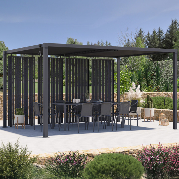 Pergola bioclimatica a lamelle orientabili in acciaio 3x4 M con tende verticali grigio antracite | IdMarket