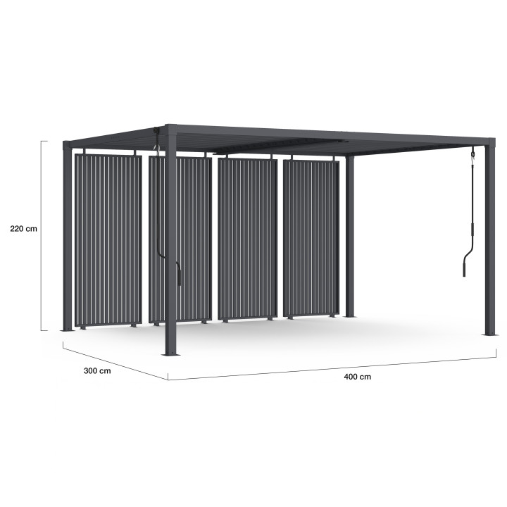 Pergola bioclimatica a lamelle metalliche 3x4 M con tende verticali grigio antracite