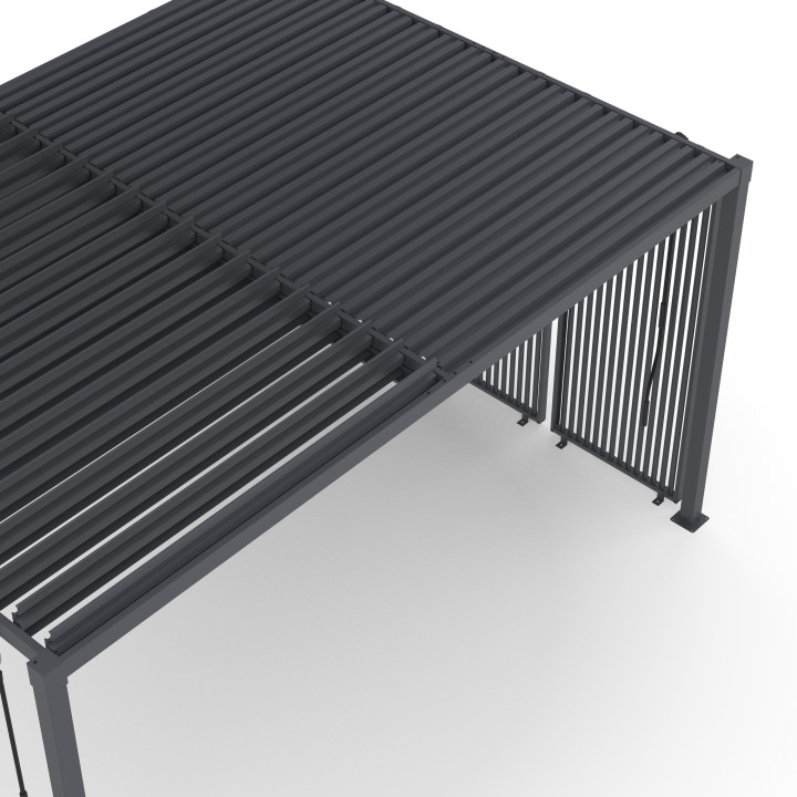 Pergola bioclimatica a lamelle orientabili in acciaio 3x4 M con tende verticali grigio antracite | IdMarket