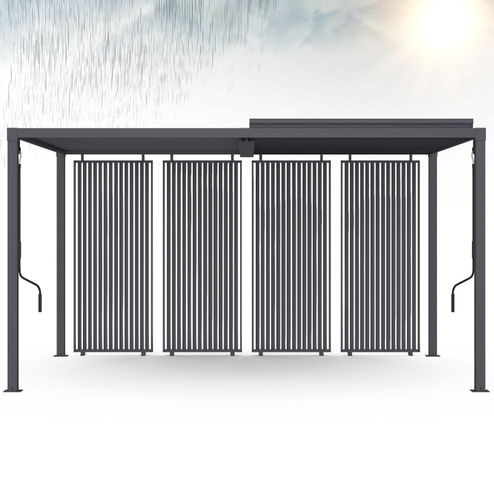 Pergola bioclimatica a lamelle orientabili in acciaio 3x4 M con tende verticali grigio antracite | IdMarket