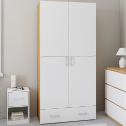 Armadio a 2 ante in legno e bianco con ripiani da 80 cm e 1 cassetto - JULIANA | IdMarket