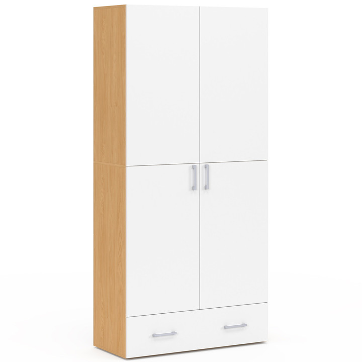 Armadio a 2 ante in legno e bianco con ripiani da 80 cm e 1 cassetto - JULIANA | IdMarket