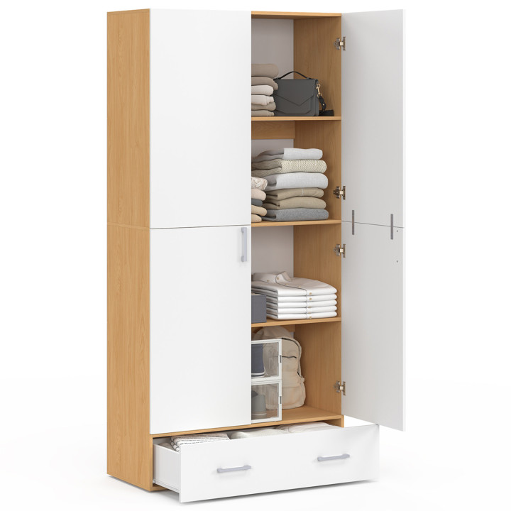 Armadio a 2 ante in legno e bianco con ripiani da 80 cm e 1 cassetto - JULIANA | IdMarket