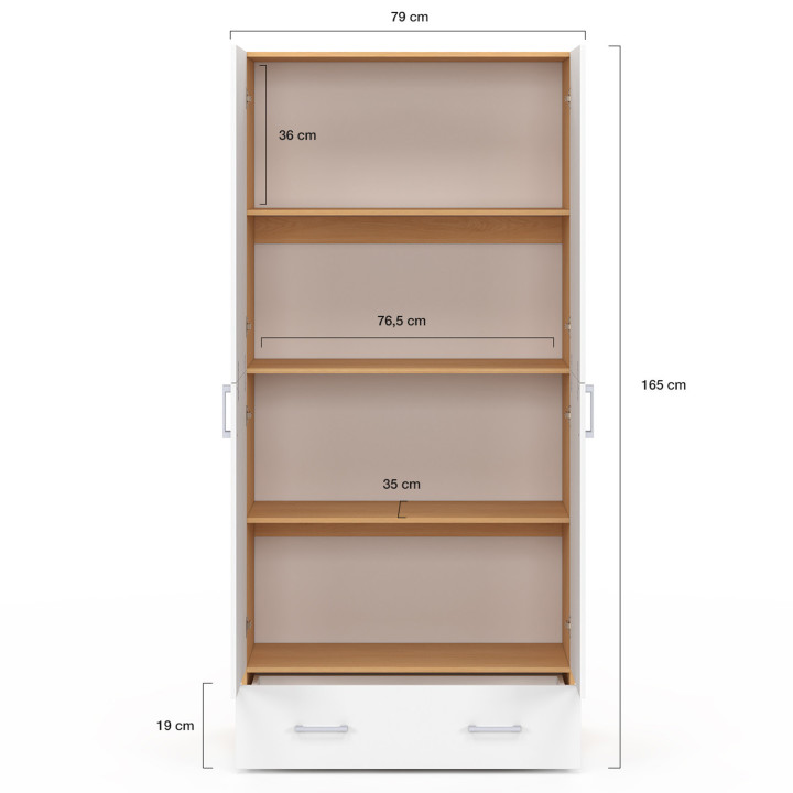 Armadio a 2 ante in legno e bianco con ripiani da 80 cm e 1 cassetto - JULIANA | IdMarket