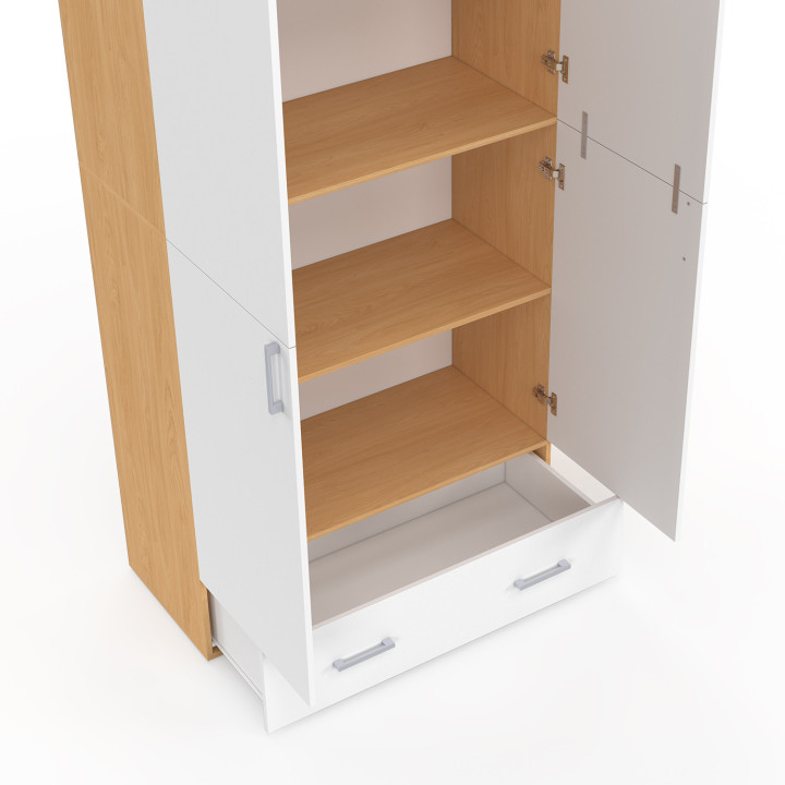 Armadio a 2 ante in legno e bianco con ripiani da 80 cm e 1 cassetto - JULIANA | IdMarket