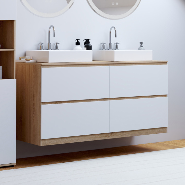 Mobile lavabo doppio 120 cm 4 cassetti finitura faggio e bianco