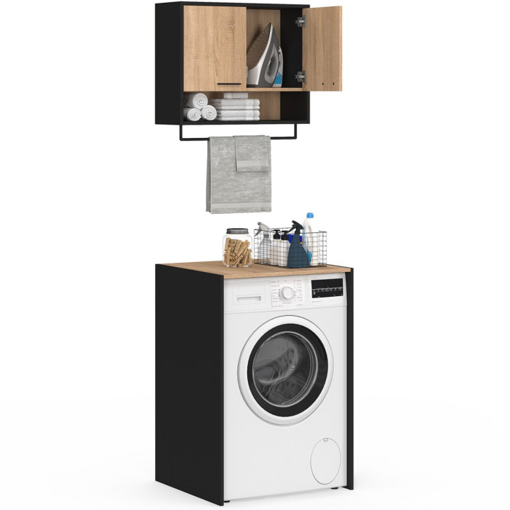 Set di mobili per lavanderia in faggio e nero per lavatrice - WALLIS | The WALLIS Group IDMarket