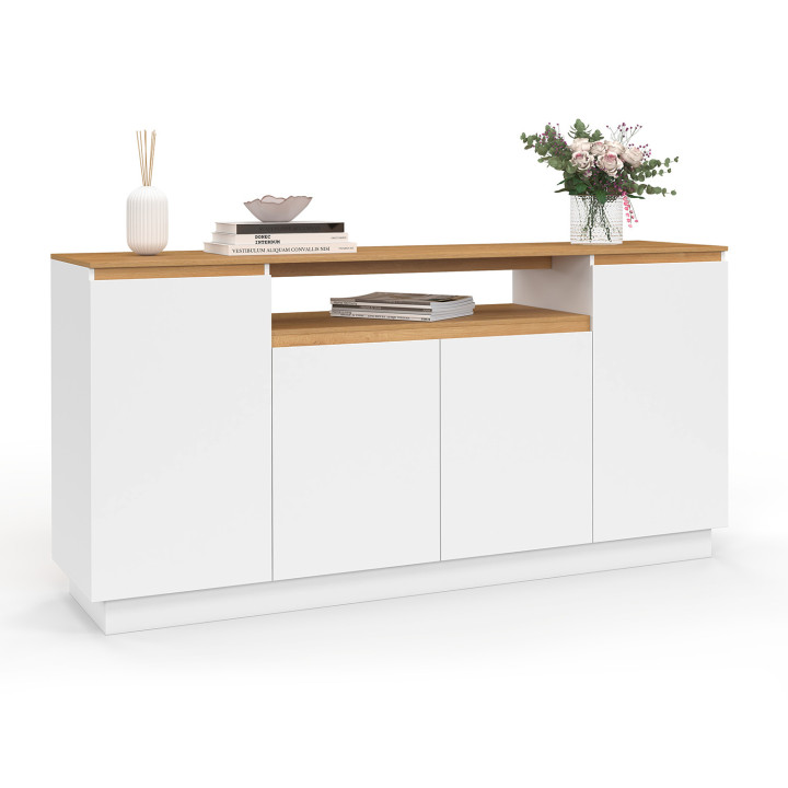 Credenza a 4 ante da 160 cm con nicchia centrale bianca e top effetto legno - SERENA | IdMarket