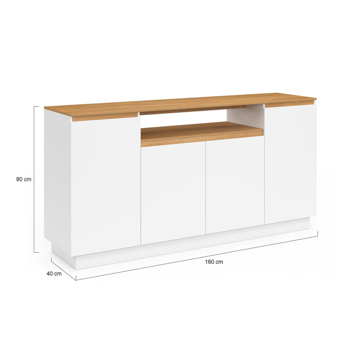 Credenza a 4 ante da 160 cm con nicchia centrale bianca e top effetto legno - SERENA | IdMarket