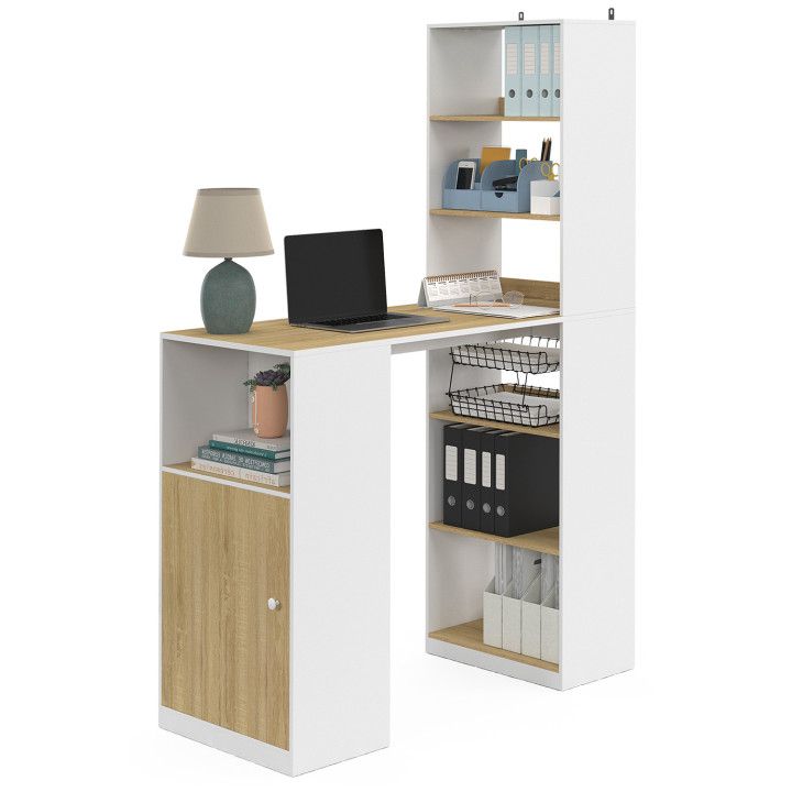 Scrivania LUNG con contenitore e armadio per 2 persone bianco e legno - LUNG | IDMarket