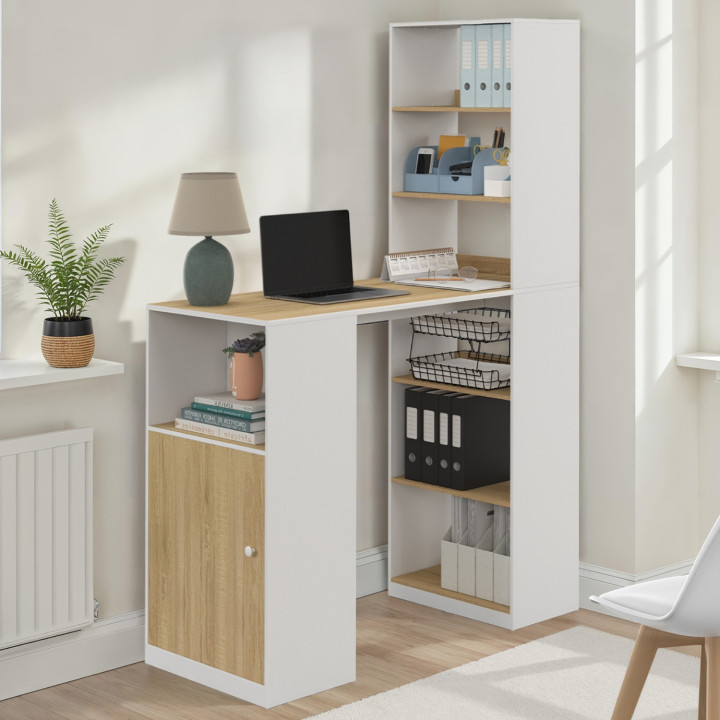Scrivania LUNG con contenitore e armadio per 2 persone bianco e legno - LUNG | IDMarket