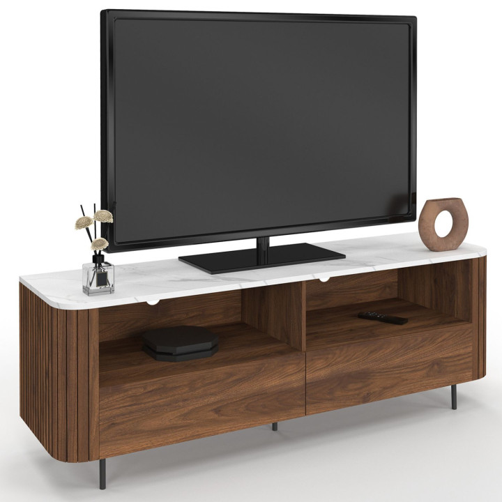 Mobile TV 140 cm in noce effetto doghe con 2 cassetti e piano in marmo bianco