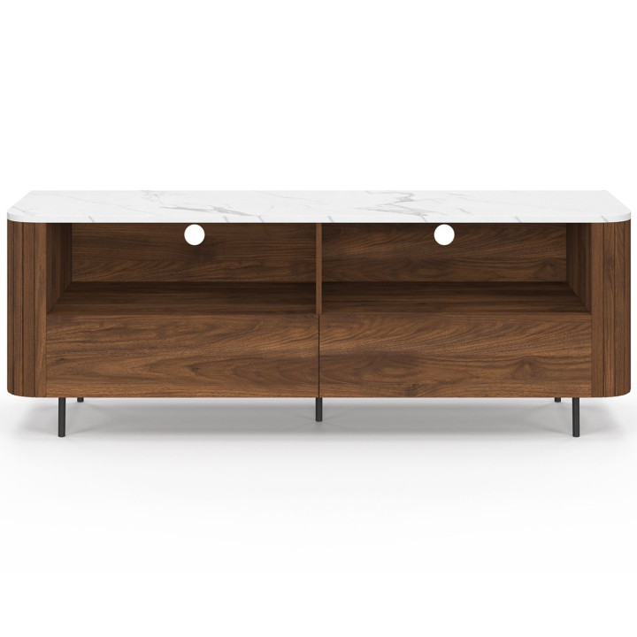 Mobile TV 140 cm in noce effetto doghe con 2 cassetti e piano in marmo bianco