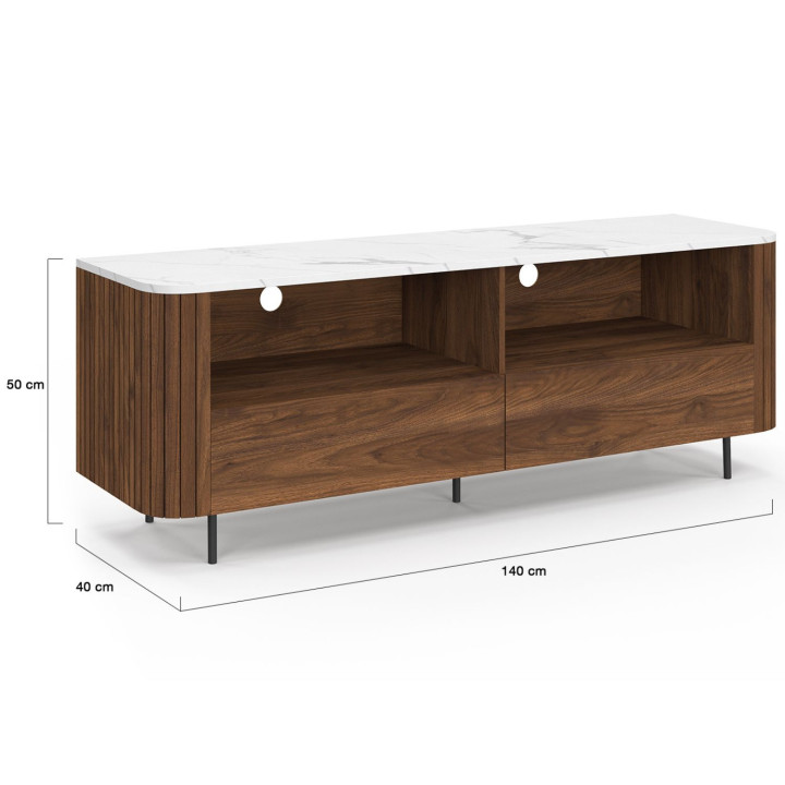 Mobile TV 140 cm in noce effetto doghe con 2 cassetti e piano in marmo bianco