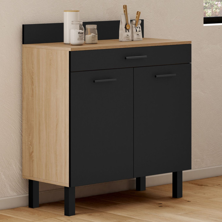 Credenza bassa da cucina 80 cm 2 ante 1 cassetto in faggio e nero con piano di lavoro - CINA | ID Market