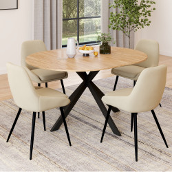 Set di tavolo da pranzo rotondo in legno e nero allungabile da 110-150 cm e 4 sedie in velluto beige