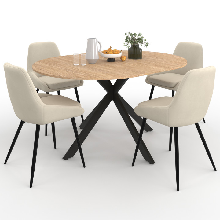Set di tavolo da pranzo rotondo in legno e nero allungabile da 110-150 cm e 4 sedie in velluto beige