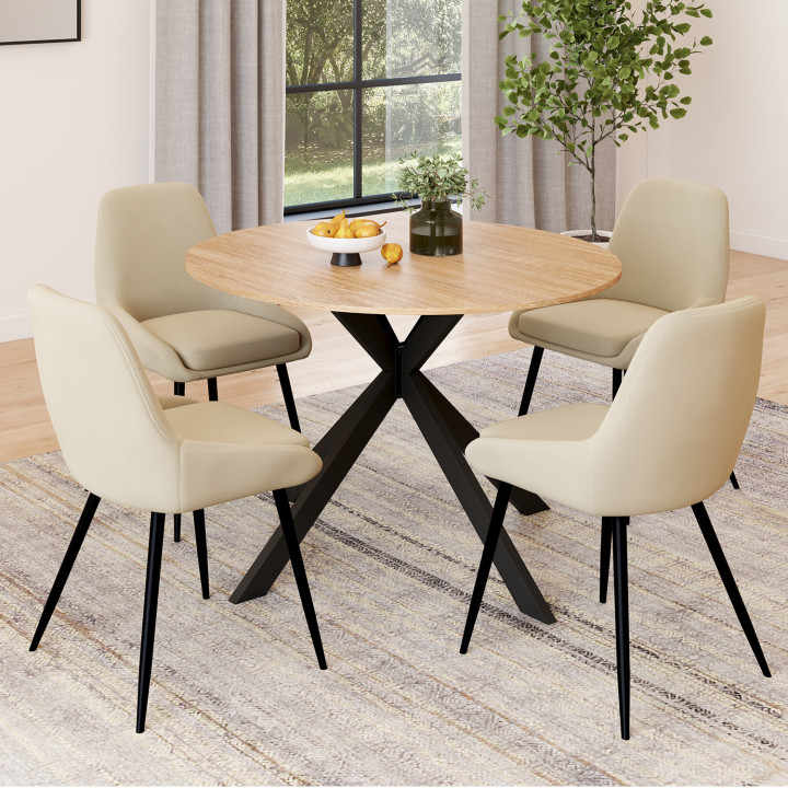 Set di tavolo da pranzo rotondo in legno e nero allungabile da 110-150 cm e 4 sedie in velluto beige