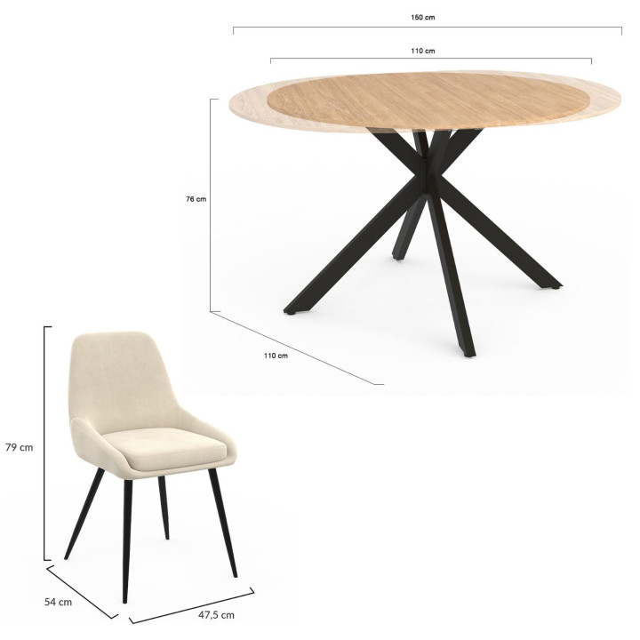 Set di tavolo da pranzo rotondo in legno e nero allungabile da 110-150 cm e 4 sedie in velluto beige