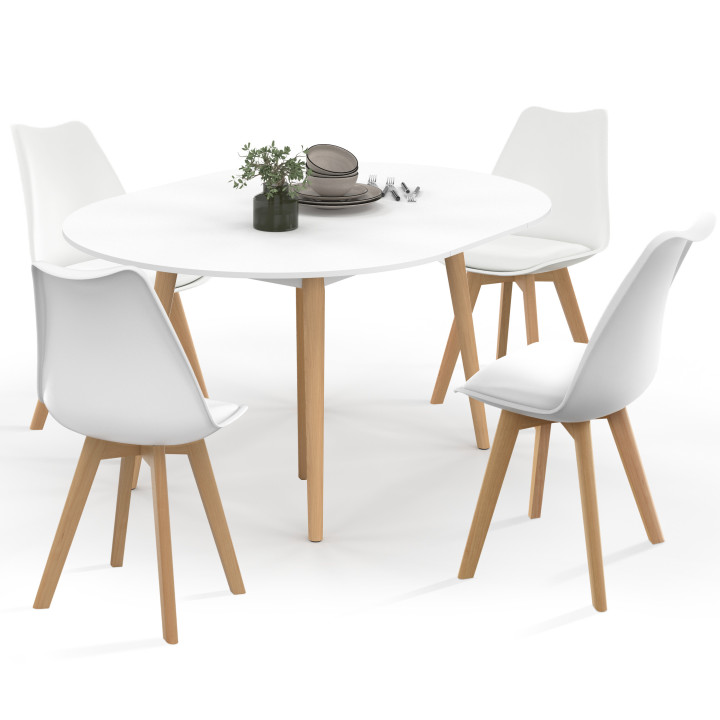 Set di tavolo da pranzo rotondo allungabile bianco con gambe in legno 110 - 150 cm e 4 sedie bianche