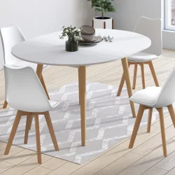 Set di tavolo da pranzo rotondo allungabile bianco con gambe in legno 110 - 150 cm e 4 sedie bianche