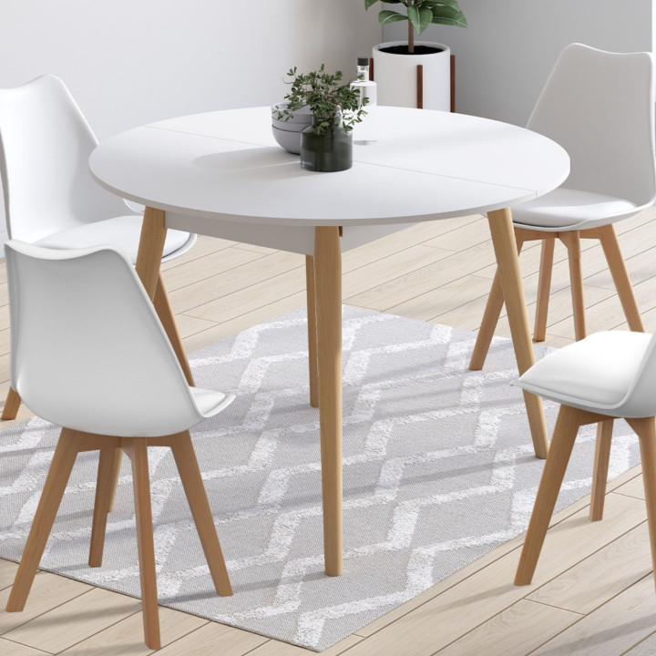 Set di tavolo da pranzo rotondo allungabile bianco con gambe in legno 110 - 150 cm e 4 sedie bianche