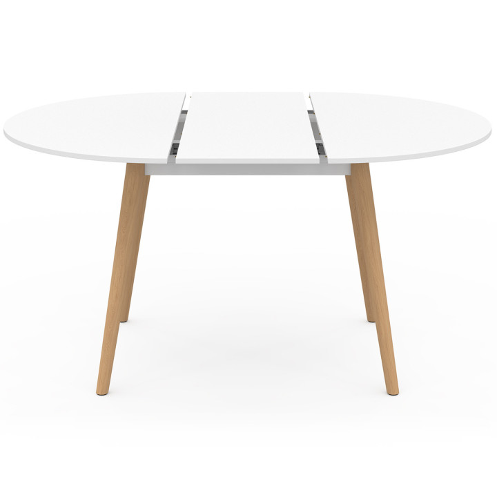 Set di tavolo da pranzo rotondo allungabile bianco con gambe in legno 110 - 150 cm e 4 sedie bianche