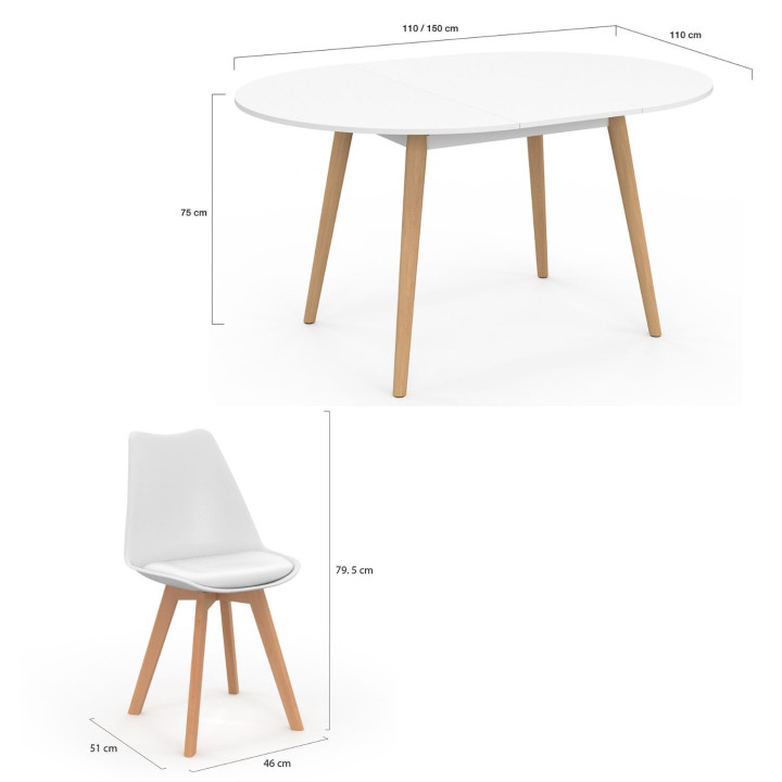 Set di tavolo da pranzo rotondo allungabile bianco con gambe in legno 110 - 150 cm e 4 sedie bianche
