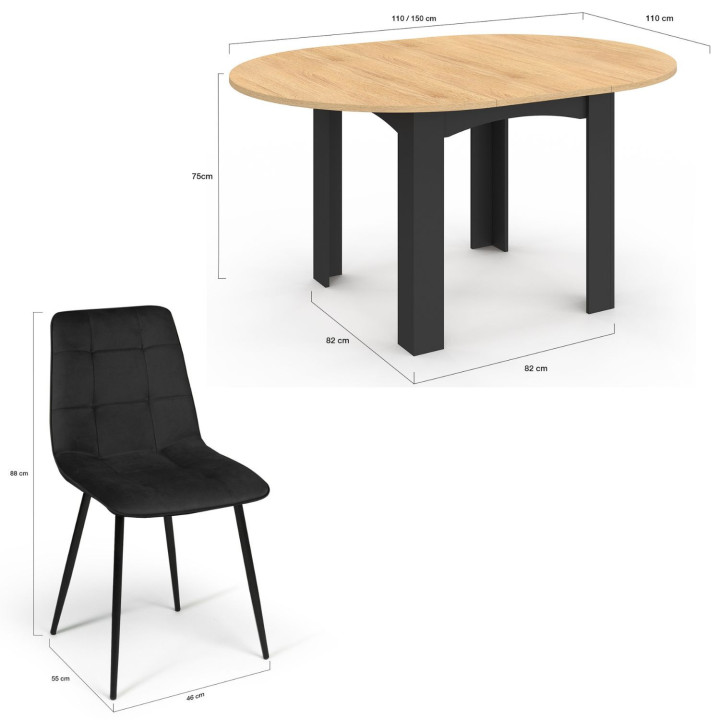 Tavolo da pranzo rotondo allungabile 4-8 persone, nero, piano in faggio 110-150 cm - DONA | IdMarket