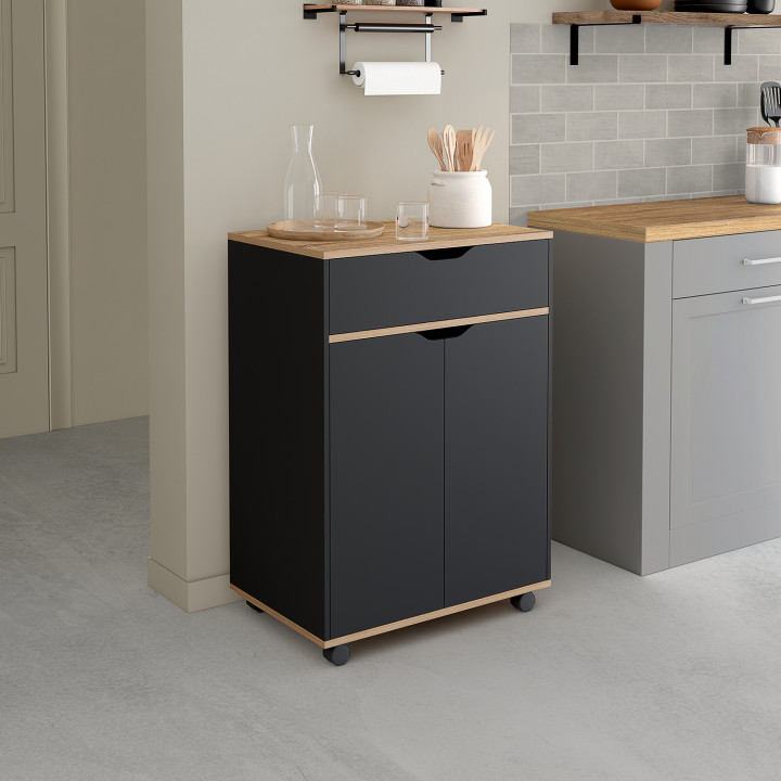 Carrello da cucina su rotelle, 60 cm, legno nero e vassoi effetto faggio - COSI | ID Market