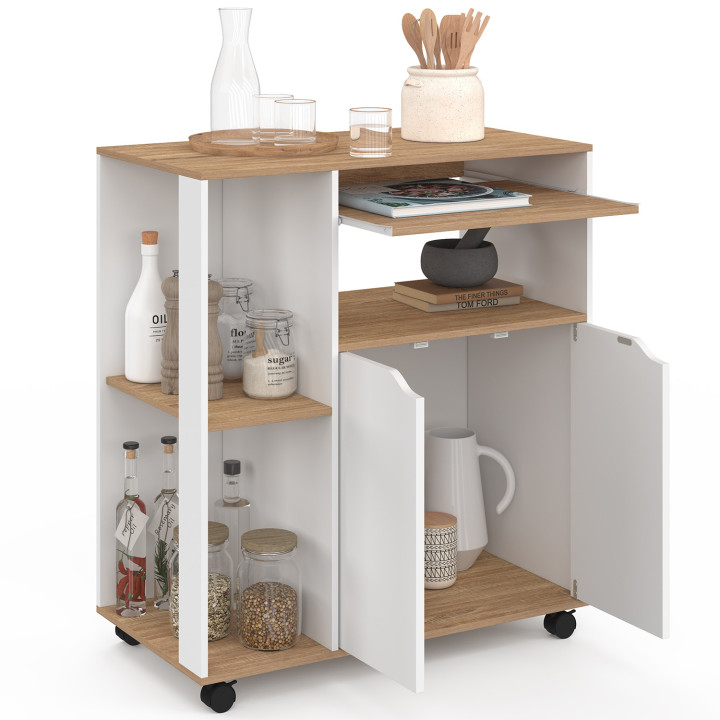 Carrello da cucina su rotelle, 76 cm, legno bianco e vassoi effetto faggio - COSI | ID Market