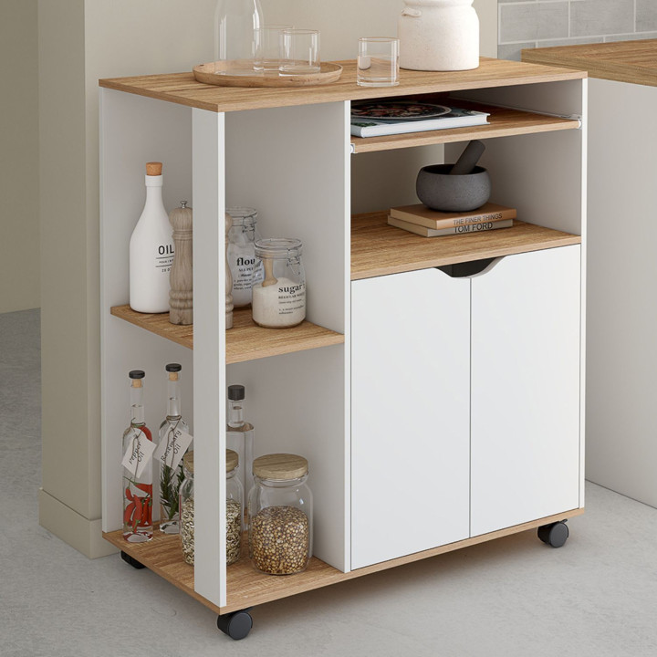 Carrello da cucina su rotelle, 76 cm, legno bianco e vassoi effetto faggio - COSI | ID Market