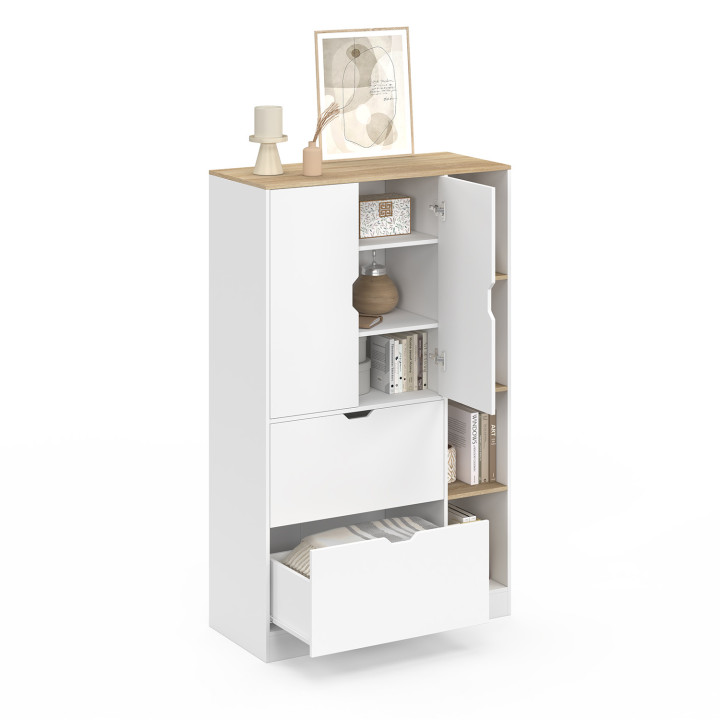 Contenitore L. 80 cm con ante e cassetti bianchi e in legno - NOUK | IdMarket