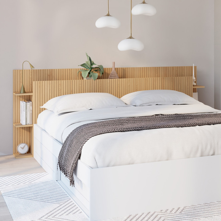 Testiera JULIETTE su piede per letti da 140 e 160 cm con vani contenitori effetto doghe in legno