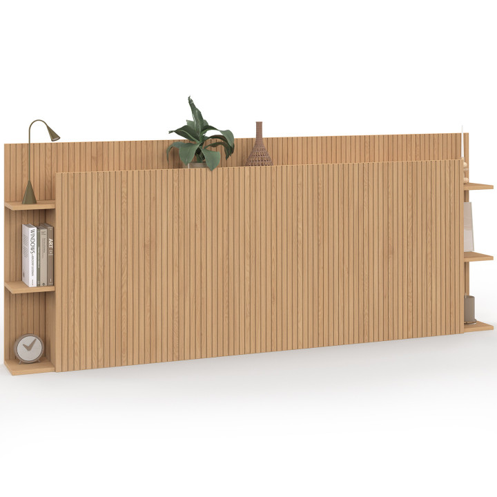 Testiera JULIETTE su piede per letti da 140 e 160 cm con vani contenitori effetto doghe in legno