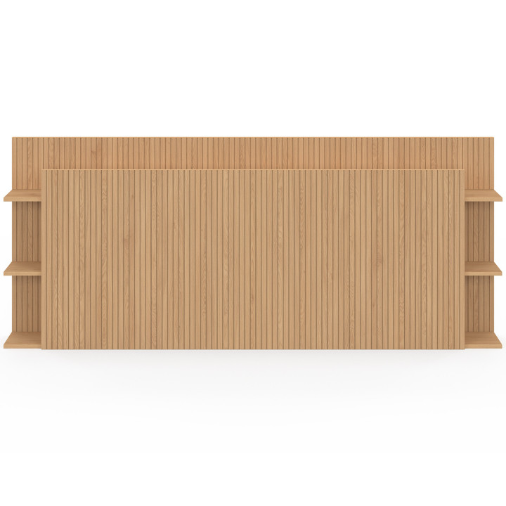 Testiera JULIETTE su piede per letti da 140 e 160 cm con vani contenitori effetto doghe in legno