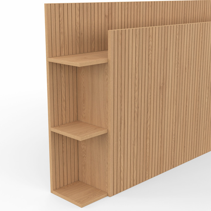 Testiera JULIETTE su piede per letti da 140 e 160 cm con vani contenitori effetto doghe in legno