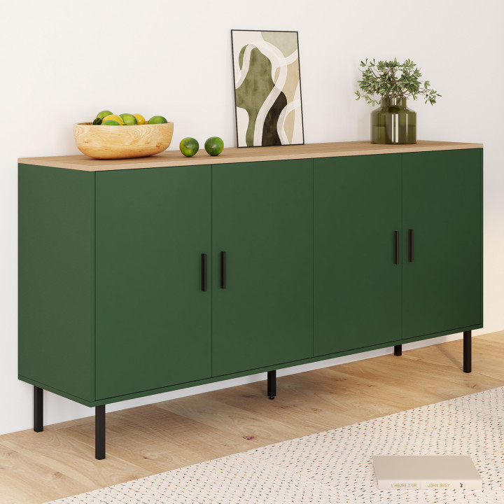Credenza da 160 cm con 4 ante verde kaki e piano in legno - KELIA | IdMarket