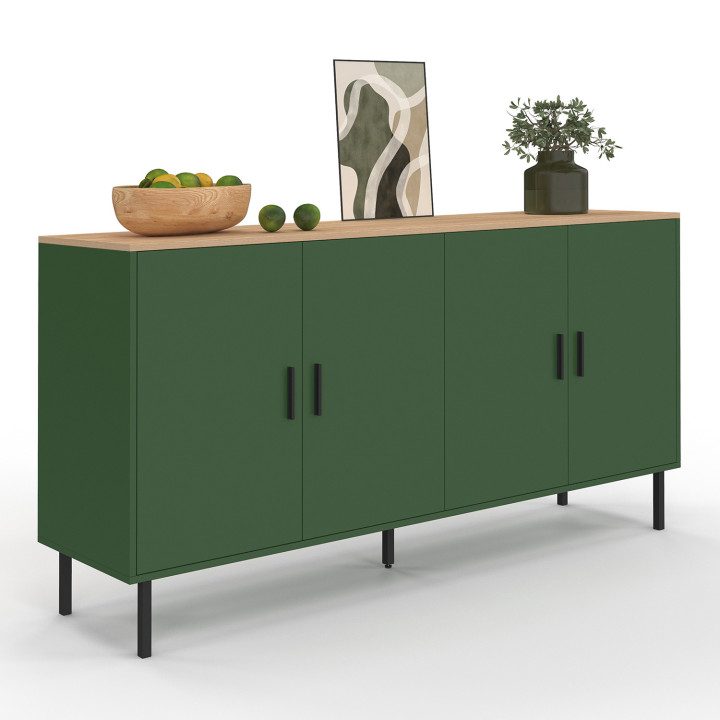 Credenza da 160 cm con 4 ante verde kaki e piano in legno - KELIA | IdMarket