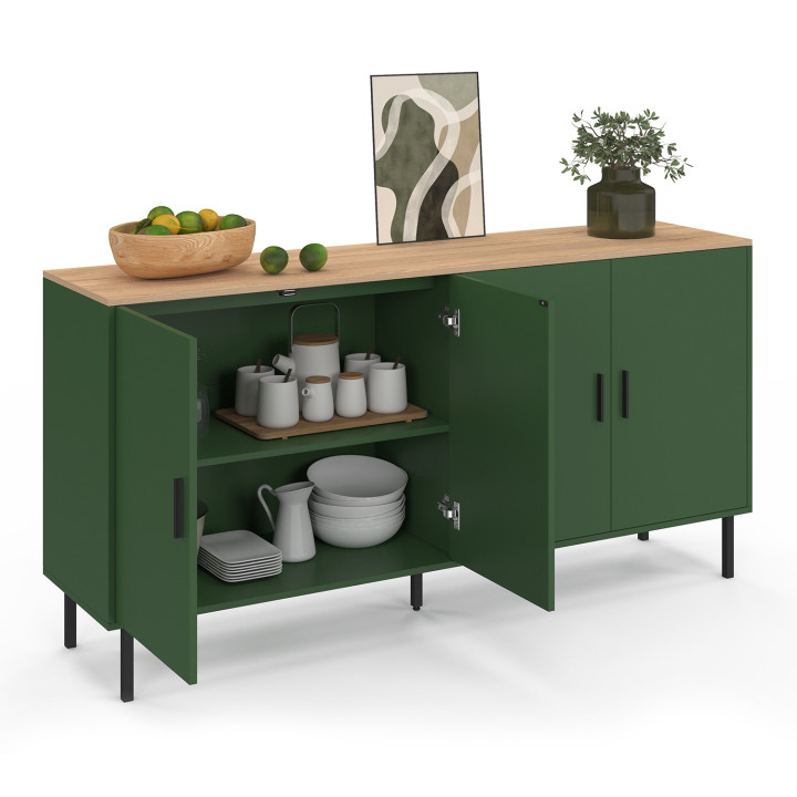 Credenza da 160 cm con 4 ante verde kaki e piano in legno - KELIA | IdMarket