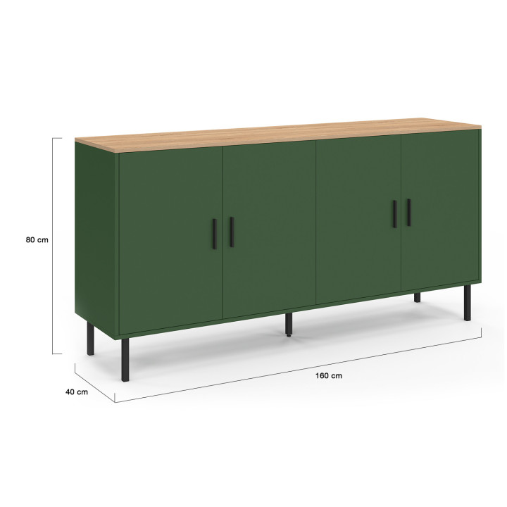 Credenza da 160 cm con 4 ante verde kaki e piano in legno - KELIA | IdMarket
