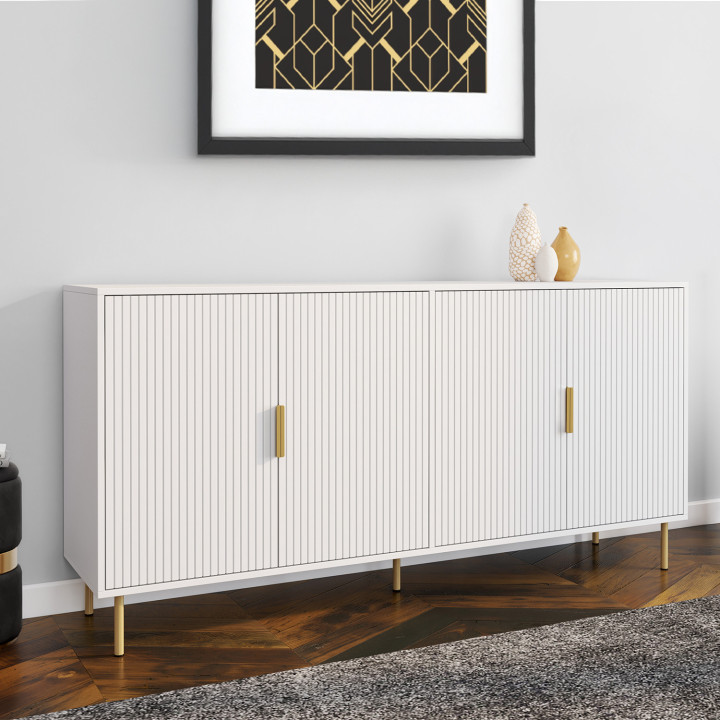 Credenza a 4 ante da 160 cm, bianca con effetto doghe e finitura oro - MARCEL | IdMarket