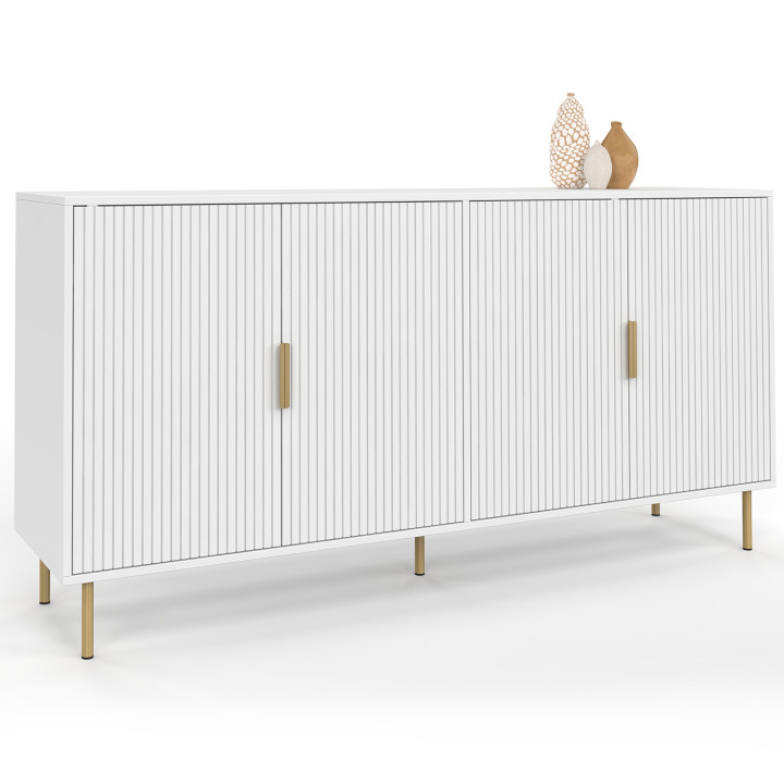 Credenza a 4 ante da 160 cm, bianca con effetto doghe e finitura oro - MARCEL | IdMarket