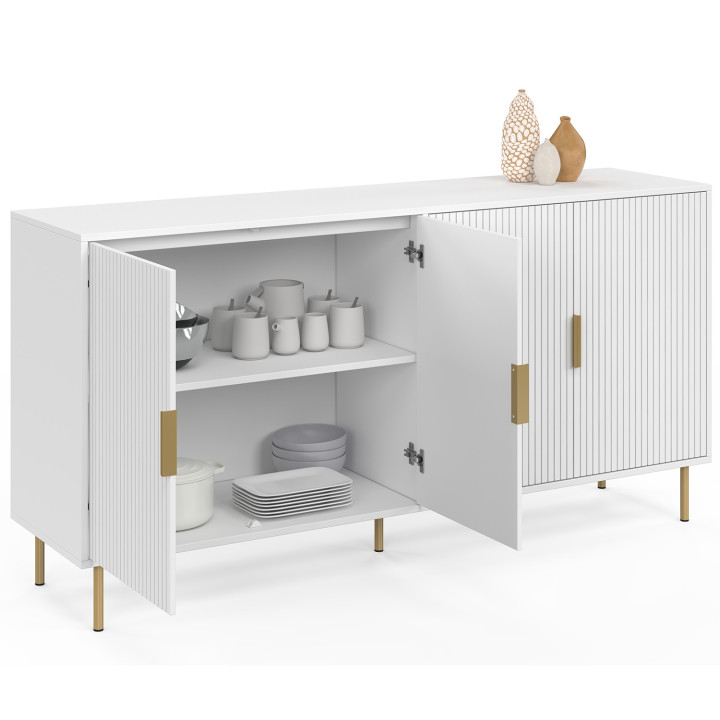 Credenza a 4 ante da 160 cm, bianca con effetto doghe e finitura oro - MARCEL | IdMarket