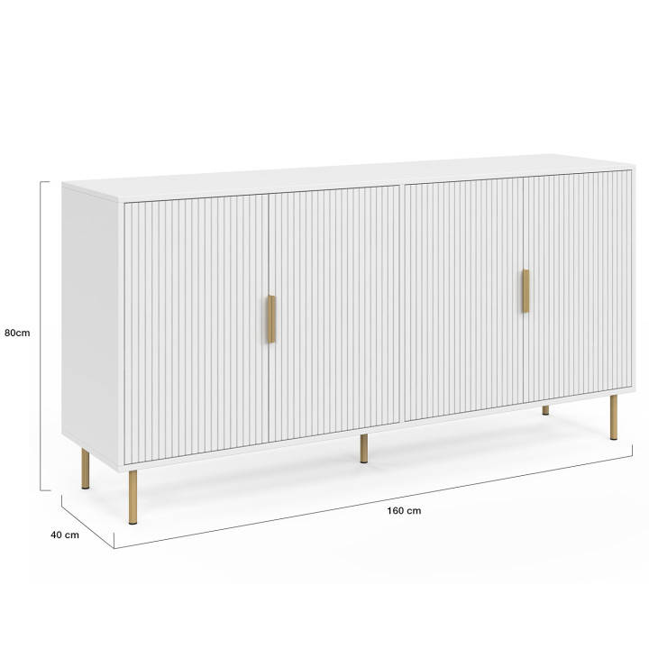 Credenza a 4 ante da 160 cm, bianca con effetto doghe e finitura oro - MARCEL | IdMarket