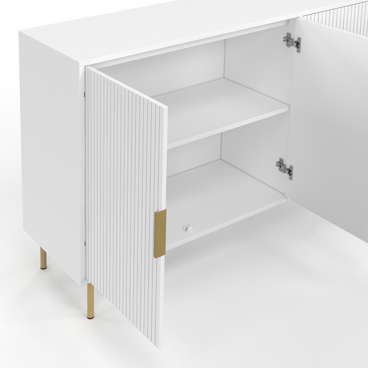 Credenza a 4 ante da 160 cm, bianca con effetto doghe e finitura oro - MARCEL | IdMarket