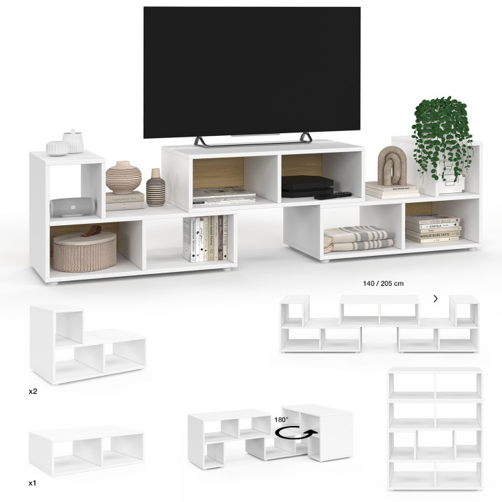 Porta TV modulare con 3 moduli multifunzionali effetto legno e bianco - LEONARD | IdMarket