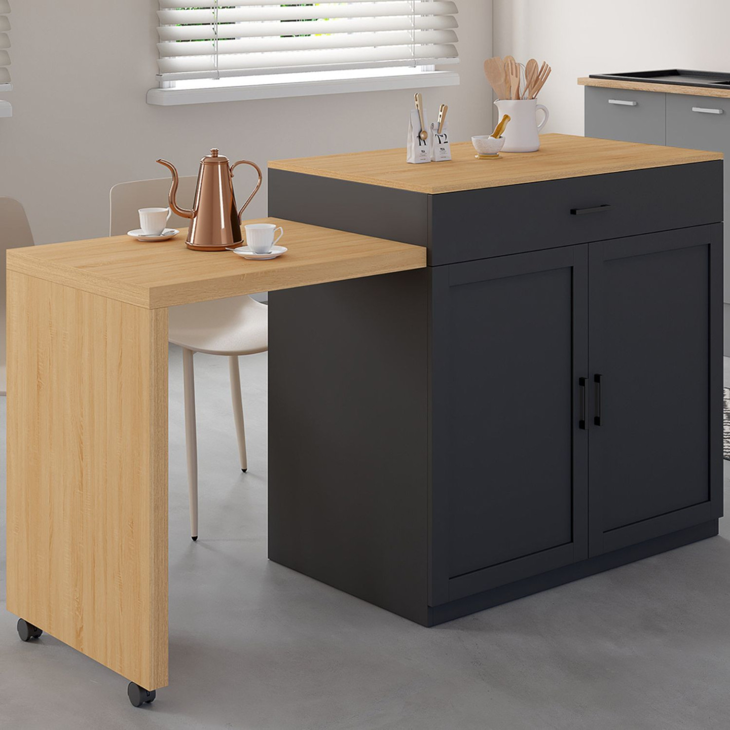 Isola Da Cucina Moderna 120x73x90 Cm – Con Piano Pieghevole, Cassetto E Ruote 360°, In Legno E Metallo, Colore Nero