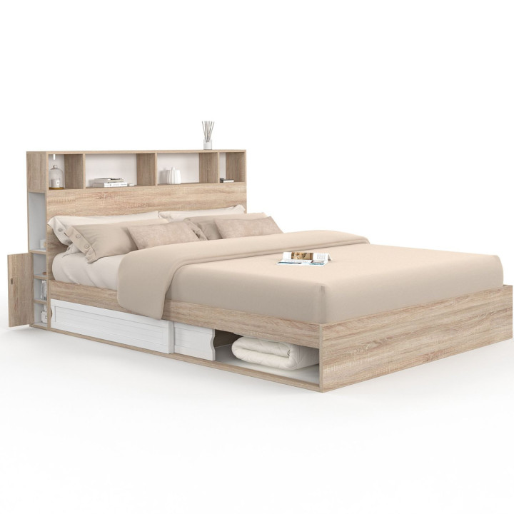Letto matrimoniale con contenitore + testiera e base 160 x 200 cm in faggio e bianco - CLEM | IdMarket